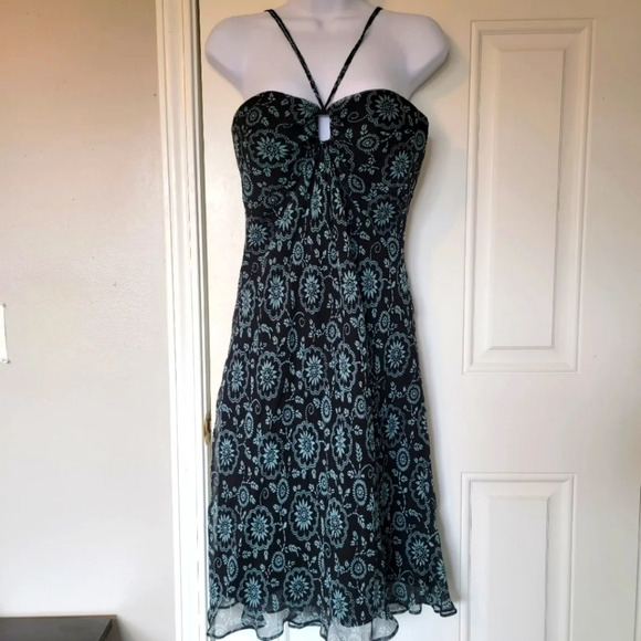 Luciano Dante 100% Silk Halter Keyhole Dress Black Aqua Floral Lined Dress 6 - Picture 1 of 8